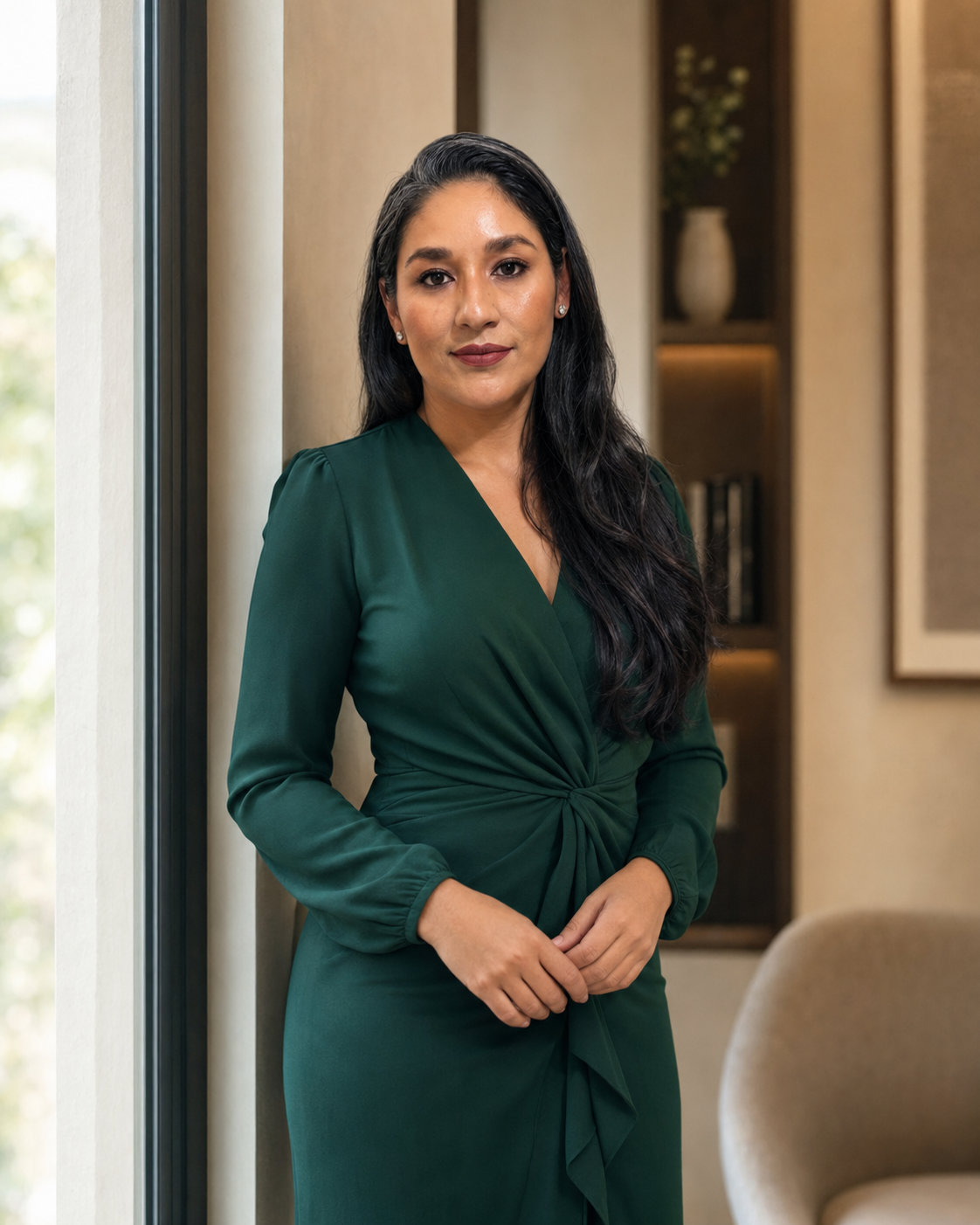 Retrato elegante de Paulina Ramírez junto a un ventanal